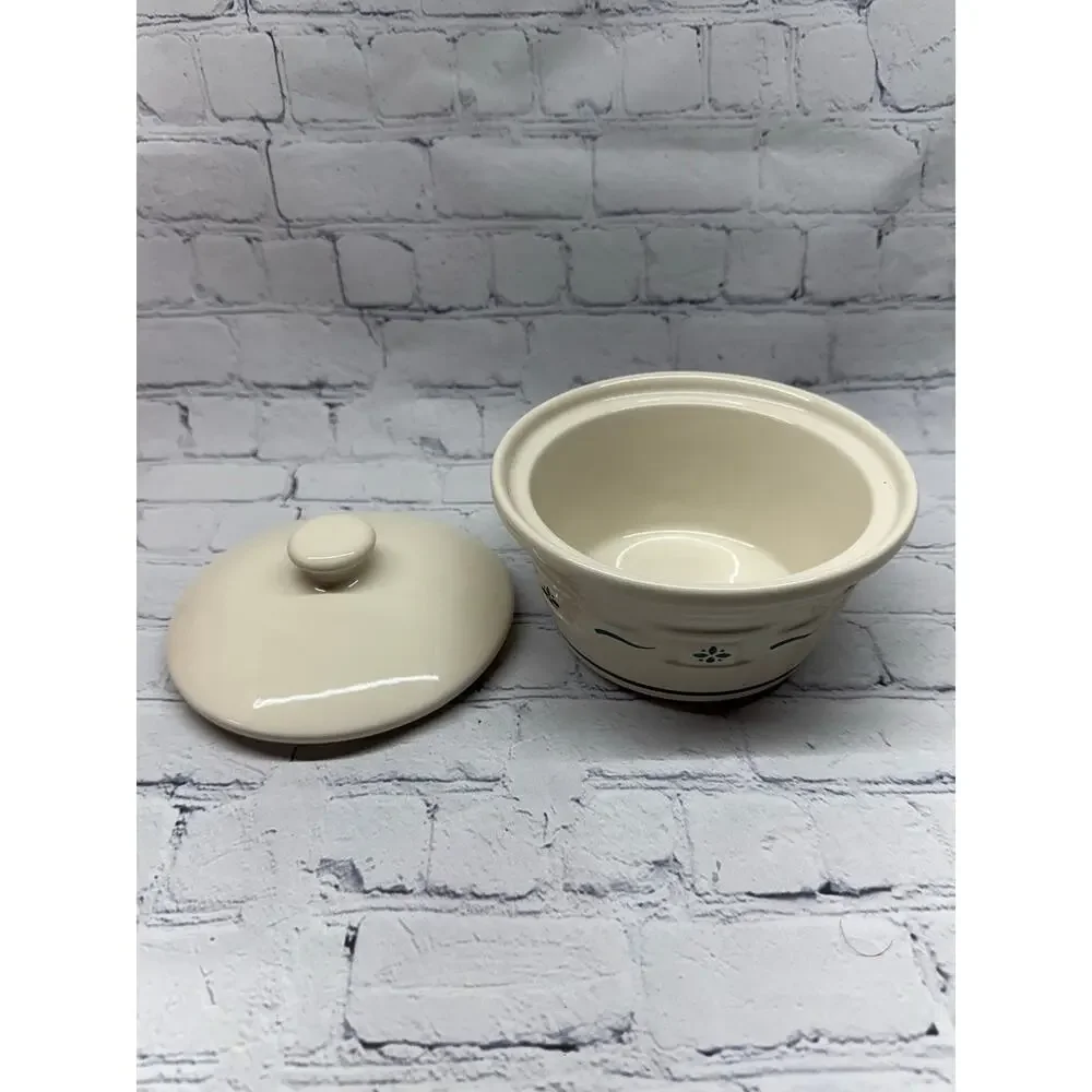 Longaberger Pottery Woven Traditions Green Ivory Butter Tub